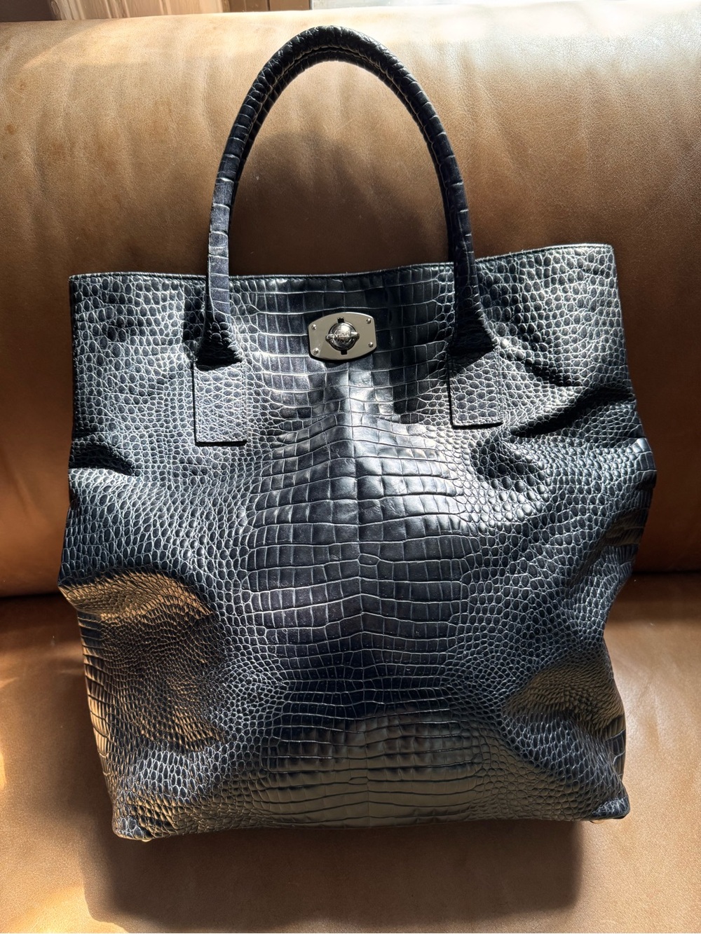 Furla Leather Black Croc-Embossed Tote Bag texture work luxury silver hardware
